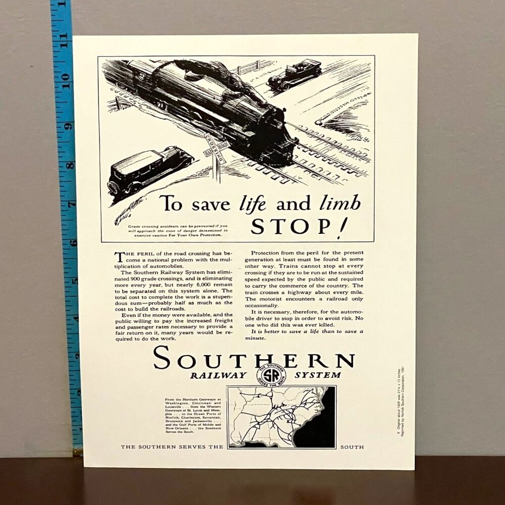 1928 Southern Railway Safety Poster Reprint 8.5x11" Train Crossing Railroad Sign